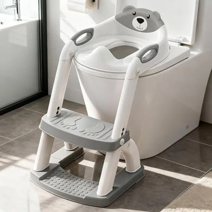 SKYROKU Toilettensitz 2 in 1, Toilettenaufsatz mit Treppe für Kinder 2-7 Jahre, rutschfest, belastbar bis 90 kg, PP (BPA-frei), grau