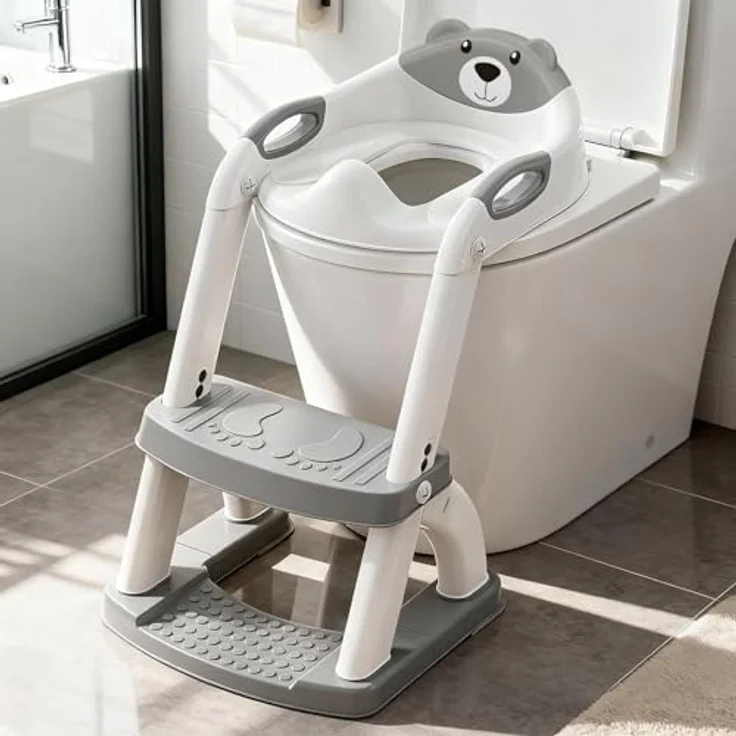 SKYROKU Toilettensitz 2 in 1, Toilettenaufsatz mit Treppe für Kinder 2-7 Jahre, rutschfest, belastbar bis 90 kg, PP (BPA-frei), grau – Bild 1