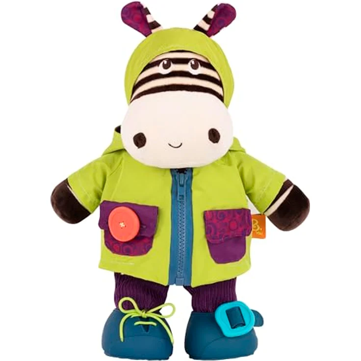 B. toys Zebra Kuscheltier zum Anziehen lernen – Schleife, Reißverschluss, Klettverschluss, Knopf – Lernspielzeug mit Geräuschen für Kinder ab 2 Jahre – Bild 2