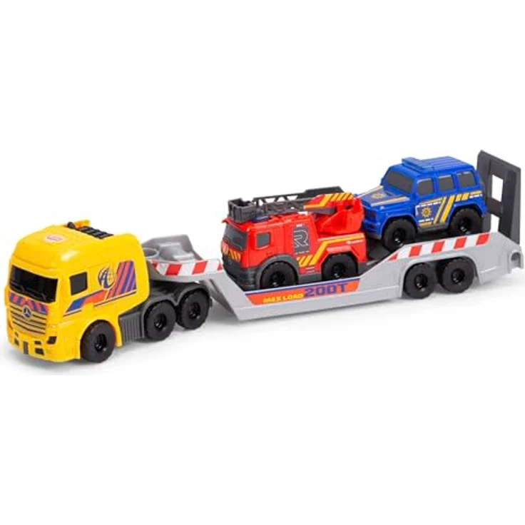 Dickie Toys - 3-in-1 Micro Rescue Truck (32 cm) - Daimler Truck mit Anhänger und 2 Mercedes-Benz Spielzeugautos (Polizeiauto und Feuerwehrauto) - Auto-Spielzeug für Kinder ab 3 Jahre – Bild 1