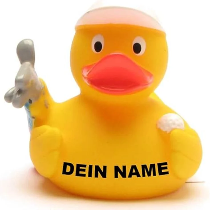 Duckshop Badeente - personalisierbar (Golf Ente) mit eigenem Wunschtext, L: 8 cm, B: 7 cm, H: 7,5 cm, aus Vinyl – Bild 1