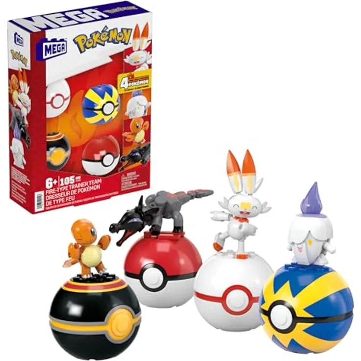 Pokémon MEGA 4 Feuer-Typ Set, Klemmbausteine mit 105 Teilen, für Kinder ab 6 Jahren