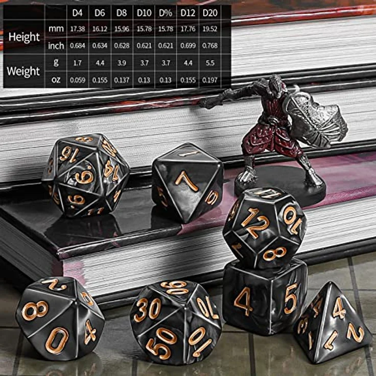 QMAY DND Dice Polyedrisches Würfel Set, 7 Stück für Dungeons und Dragons, D20, D12, D10, D%, D8, D6, D4, Acryl, Schwarz, mit Samtbeutel – Bild 5