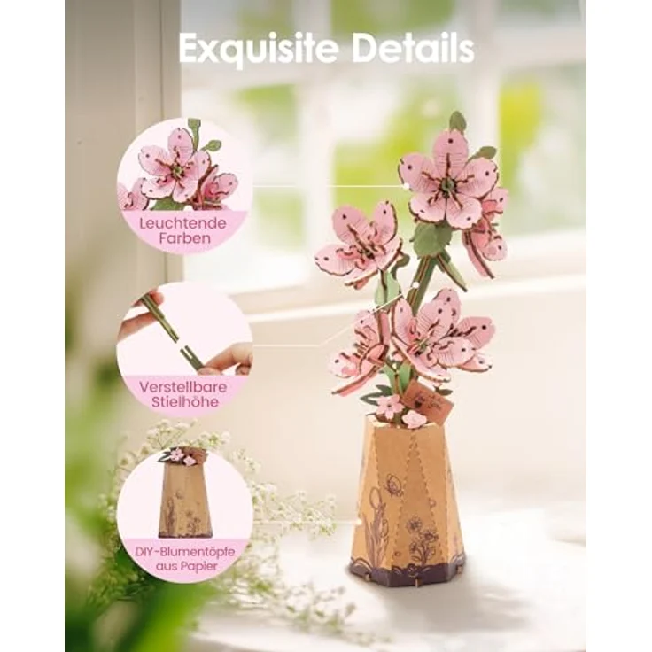 ROBOTIME 3D Holz Blumen Puzzle Sakura, DIY Bastelset für Erwachsene mit verstellbarem Stiel, künstliche ewige Blüten für Valentinstag, Muttertag und Weihnachten – Bild 3