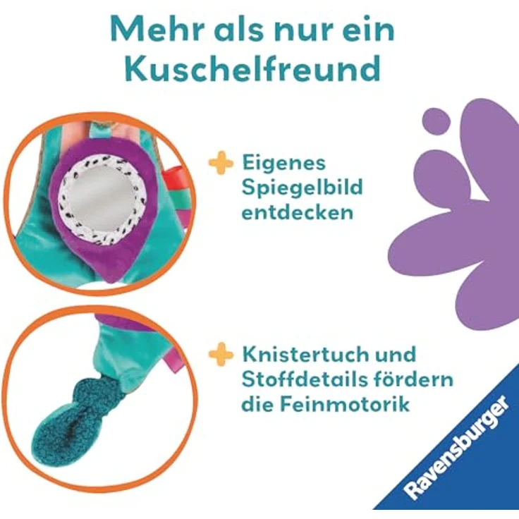 Ravensburger Greifspielzeug Play+ Knister-Erdmännchen, interaktives Spielzeug mit Knistern und Spiegel, 100% Silikon Beißhilfe – Bild 4