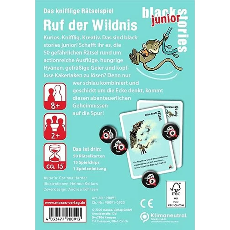 moses 90091 Black Stories Junior Ruf der Wildnis-50 gefährliche voller Abenteuer, Das Rätsel Kartenspiel Zwei Spielvarianten, Rätselspiel für Kinder ab 8 Jahren, White – Bild 3