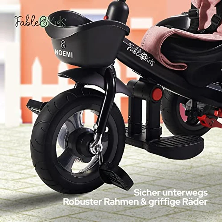 FableKids 5in1 Dreirad Noemi mit Schubstange ab 18 Monate bis 25kg, Vorwärts und Rückwärtsfahrt, PU-Reifen, Freilauf geräumiger, Korb, Tasche, Getränkehalter - Pink – Bild 5