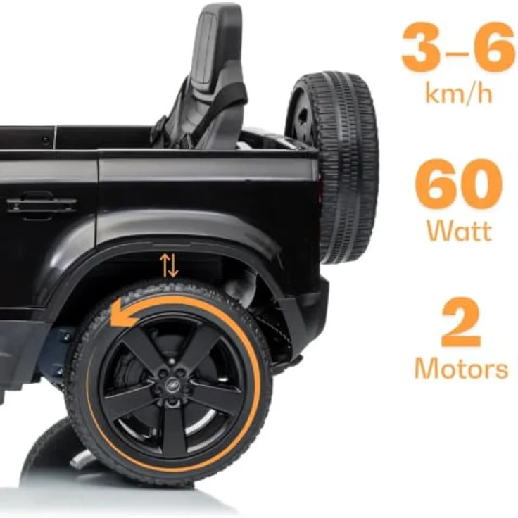 Vrooomy Land Rover Defender 90 Elektro-Kinderfahrzeug 12V mit Fernbedienung, EVA-Rädern, 3-Punkt-Gurt, funktionierenden Türen und MP3-Player – Schwarz – Bild 4