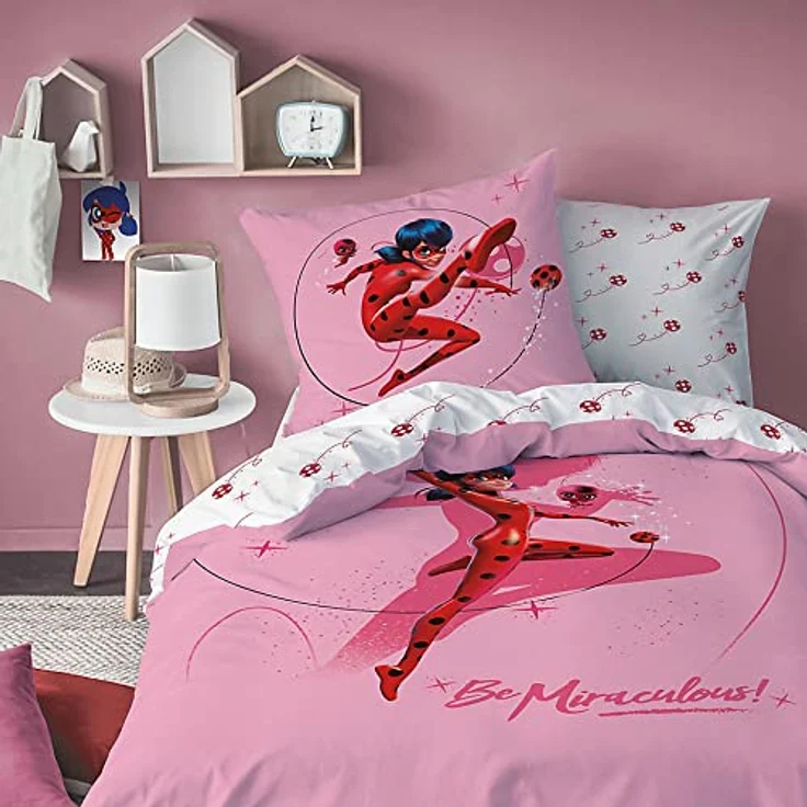 BERONAGE Miraculous Ladybug Kinder-Bettwäsche Shadow Rosa 135 x 200 + 80 x 80 cm 100% Baumwolle Biber-Flanell-Qualität mit Reißverschluss, deutsche Größe – Bild 2
