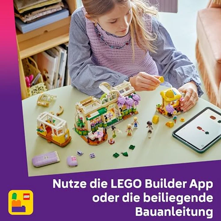 LEGO Friends 42671 Pflanzencafé und Blumenkiosk, Spielset mit 4 Mini-Puppen, Straßenbahn und 1138 Teilen, Mehrfarbig – Bild 6