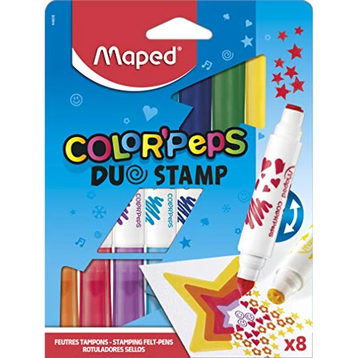 Maped - 2in1 Filzstifte, Fasermaler + Stempel COLOR'PEPS DUO STAMP - x8, kräftige Farben, ultra-auswaschbar, breite Spitze - 8er Pack – Bild 1