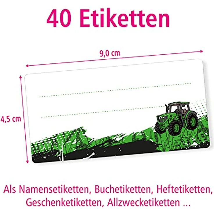 itenga 40x Buchetiketten, selbstklebende Schulheft Etiketten 9x4,5cm mit Traktor-Design, beschreibbar – Bild 2