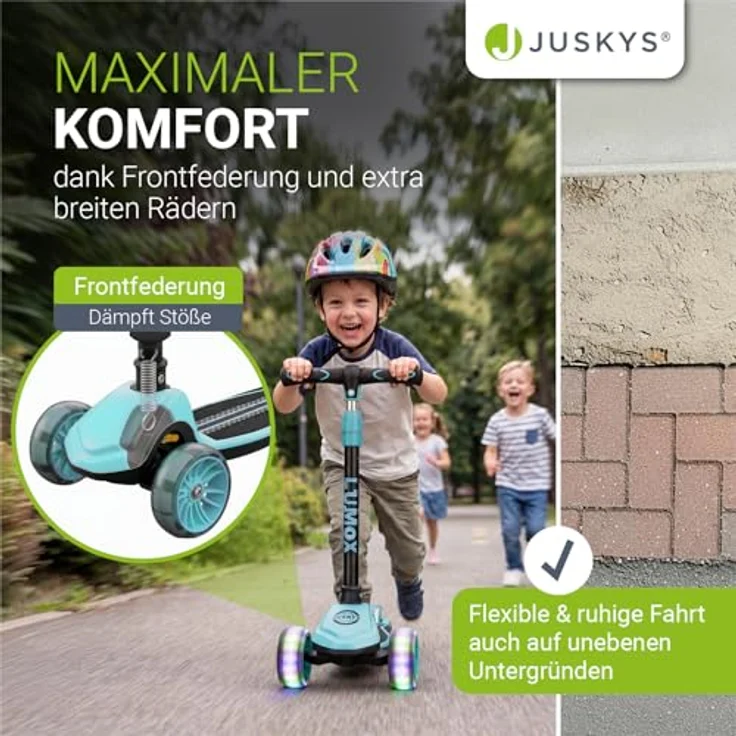 JUSKYS® Kinderroller Lumox Blau, höhenverstellbarer Dreiradscooter mit LED-Rollen und 4-Farb-Blinkeinstellung, klappbar & Hinterradbremse – Bild 2