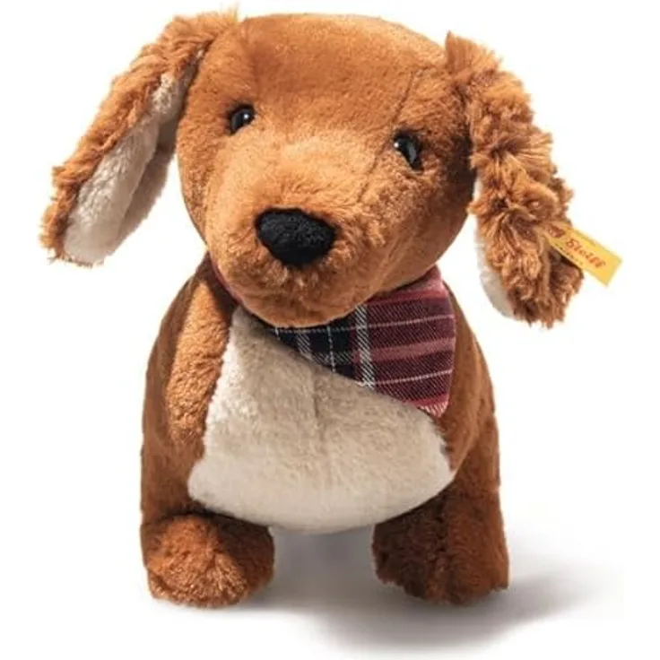 Steiff Dackel Waldi, Stehendes Kuscheltier aus Plüsch, 30 cm groß, braun, mit Knopf im Ohr