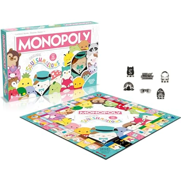 Winning Moves Monopoly SQUISHMALLOWS, exklusives Plüschtier-Brettspiel mit 6 Sammelspielsteinen, französische Version – Bild 1