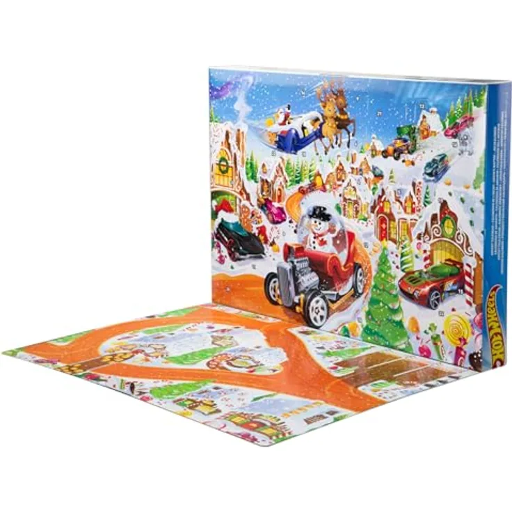 Hot Wheels Adventskalender 2025, Spielzeugautos Set mit 10 Fahrzeugen im Maßstab 1:64, 10 Clips und 14 winterlichen Zubehörteilen, JCB47