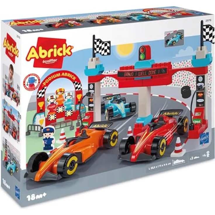 Ecoiffier Abrick Formel 1 Grand Prix, Konstruktionsset mit Rennwagen und Zubehör, Lernspiel für Kinder ab 18 Monaten, große Bausteine, kompatibel mit Abrick-Universo