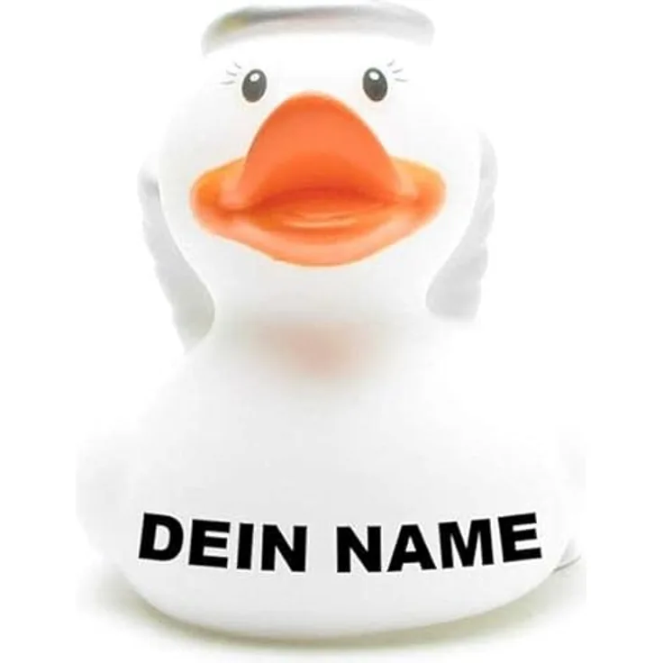 Duckshop Badeente, personalisierbar Engel Ente mit Wimpern, weiß, Quietschefunktion, 8 cm