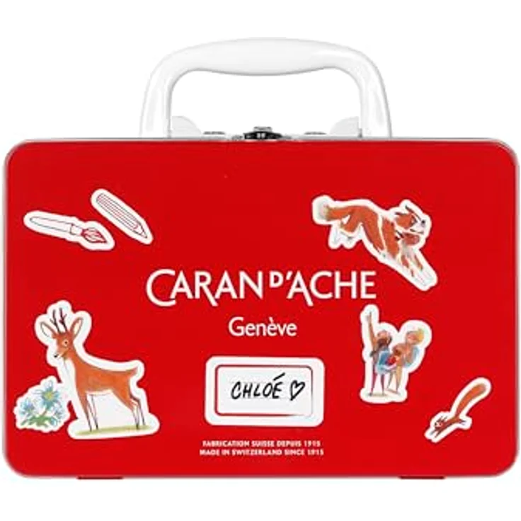 Caran d'Ache Swisscolor Travel Kit, Set mit Metallkoffer, 12 Farbstiften, 10 Pastellkreiden, Aquarellpinsel und 12 Ausmal-Postkarten – Bild 5
