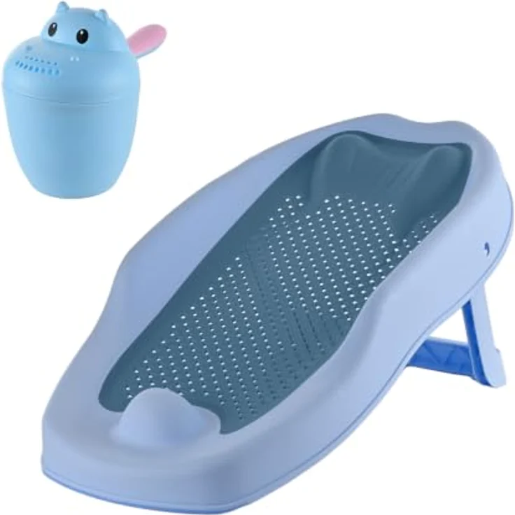 Relaxdays Baby-Badehilfe Set, rutschfeste Badestütze mit tränenfreiem Haarwaschbecher, blau, HBT: 19x51,5x30 cm – Bild 1