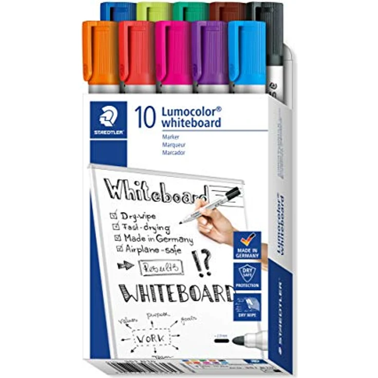 STAEDTLER whiteboard Marker Lumocolor, Linienbreite ca. 2,00 mm, schnelltrocknend, geruchsarm, lange Lebensdauer, blockierte Spitze, 10 whiteboard Marker in Faltschachtel, 351 B10 – Bild 1