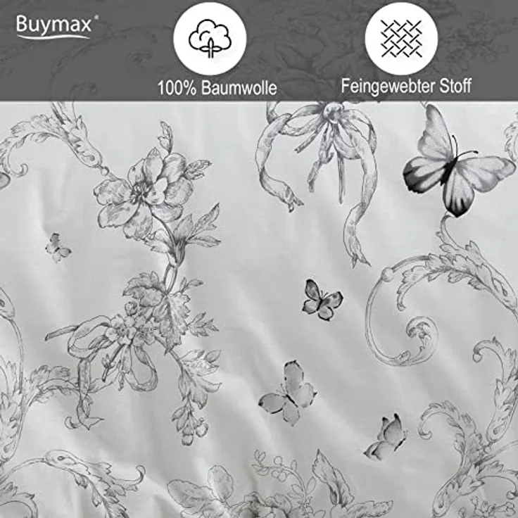 Buymax Bettwäsche 200x220 Baumwolle 3-Teilig Bettgarnitur mit Bettbezug und Kissenbezüge 80x80 Renforce Bettwäsche-Set Schmetterlinge Geblümt Blumen-Muster, Schwarz Weiß – Bild 3