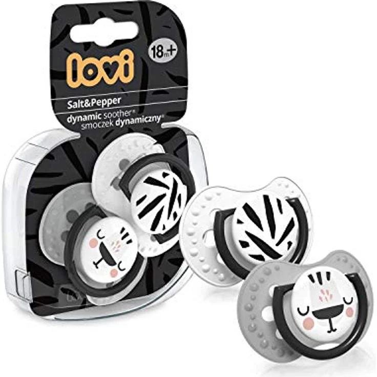 LOVI Schnuller 18 Monate+, Silikon, BPA-frei, Hygieneschutzhülle, Salt&Pepper Kollektion, 2 Stück, Weiß – Bild 2
