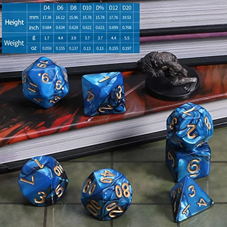 QMAY DND Dice Polyedrisches Würfel Set, 7 Stück für Dungeons und Dragons, MTG und RPG, Blau bis Schwarz, inkl. Samtbeutel, aus hochwertigem Acryl – Bild 3