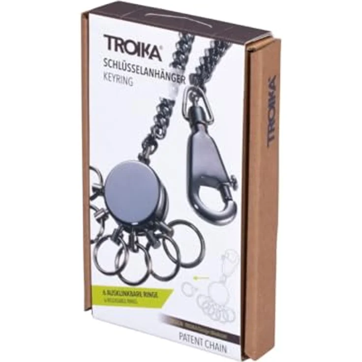 TROIKA PATENT CHAIN KR10-60/GM, Schlüsselanhänger mit Kette, inkl. Karabinerhaken, 6 ausklinkbare Ringe, Messing und Metall, glänzend, black chrome, TROIKA-Original – Bild 5