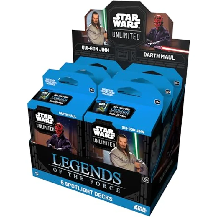 Asmodee FFG - Star Wars: Unlimited Trading Card Game - Legends of The Force - Spotlight Deck Display mit 6 Decks (3 Darth Maul, 3 Qui-Gon Jinn), inklusive exklusiven Karten und Booster, TCG für 2+ Spieler, Englisch, ab 12 Jahren