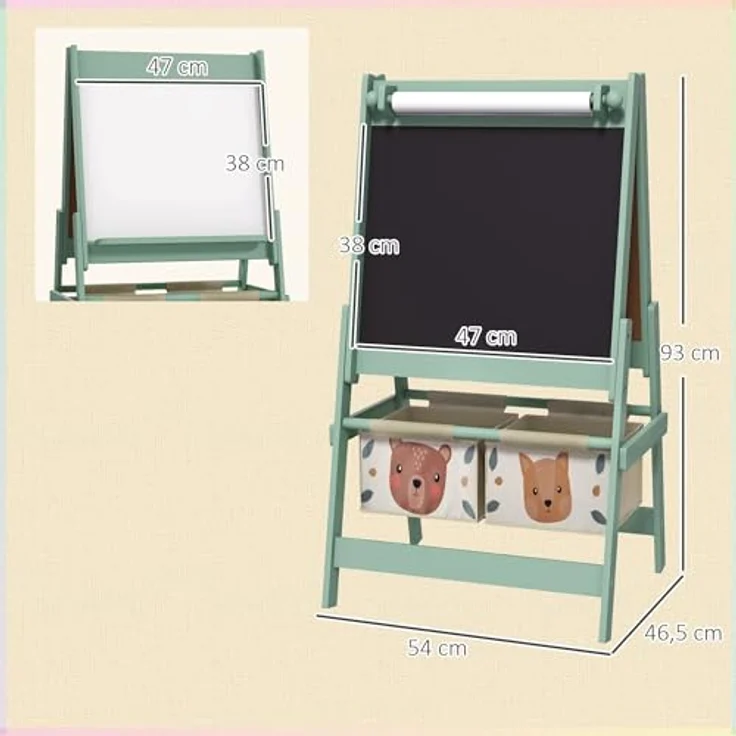 AIYAPLAY 3 in 1 Kinder Staffelei, Doppelseitig mit Tafel und Whiteboard, Grün, 54 x 46,5 x 93 cm, inkl. Aufbewahrungskörben für Kunstutensilien – Bild 7