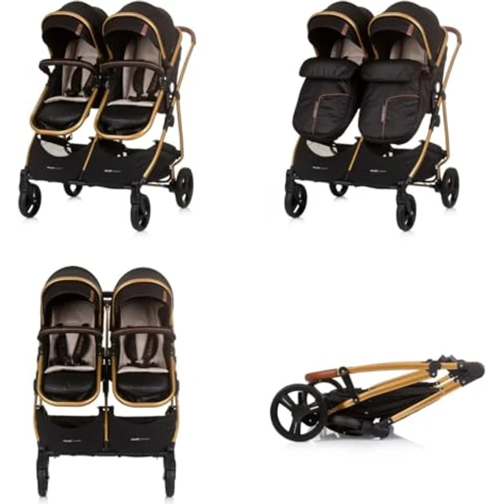 Chipolino Geschwisterwagen Geschwisterkinderwagen Duo Smart, klappbar, umbaubar, verstellbar, Fußsack, Aluminiumrahmen, schwarz – Bild 6