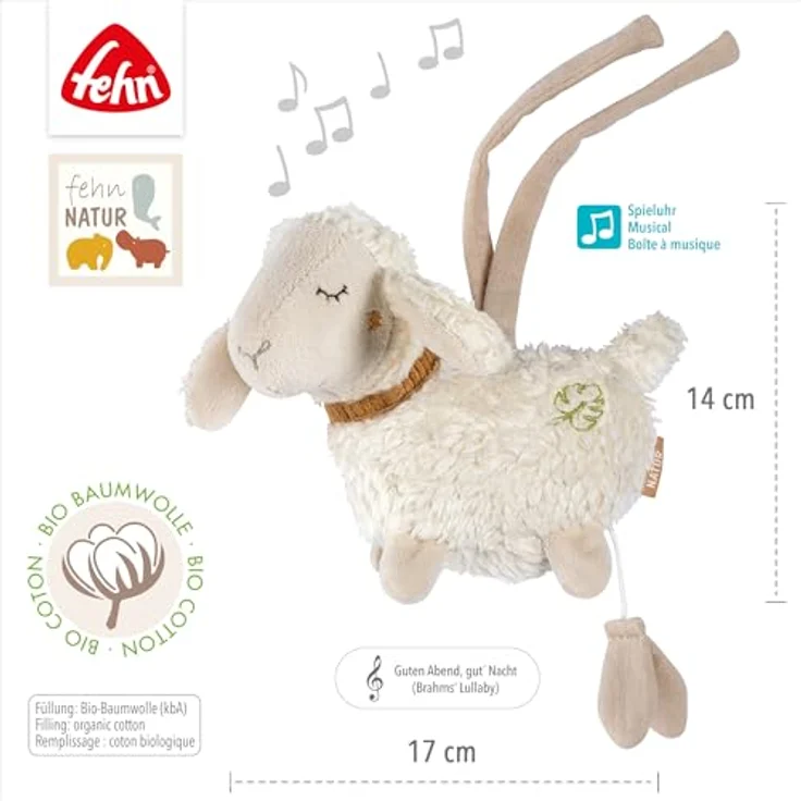 Fehn Spieluhr fehnNATUR, Mini-Spieluhr Schaf mit Bio-Baumwolle, Melodie „Brahms Wiegenlied“ – Bild 4