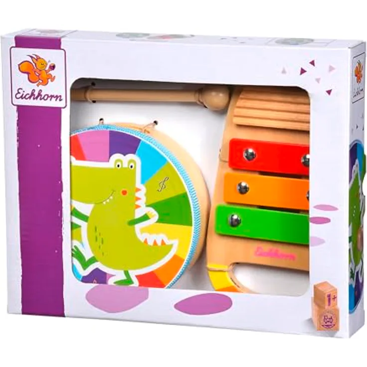 Eichhorn - Musik Set mit Handtrommel und Xylophon inkl. Ratsche, 3 teilig, aus Birken- und Sperrholz, ab 1 Jahr
