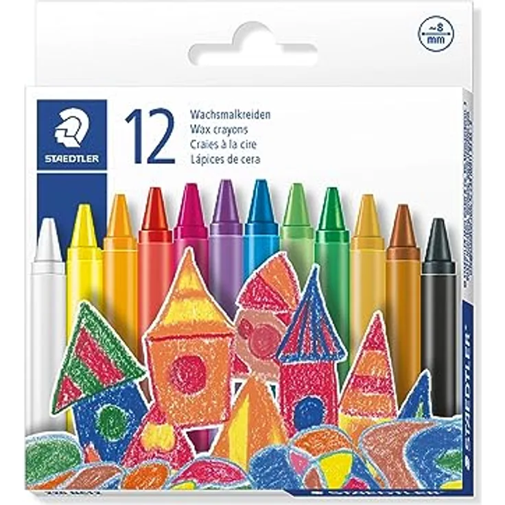Staedtler Wachsmalkreide, leuchtende Farben, 8 mm Durchmesser, hygienische Papiermanschette, 12er Kartonetui