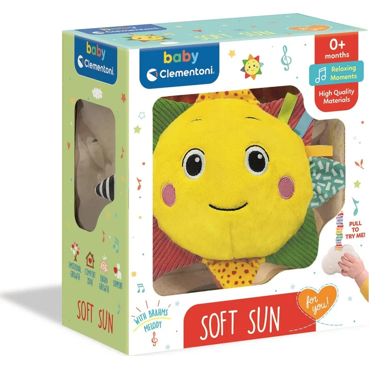 Clementoni BABY Plüsch Sonnenschein, Spielzeugfigur mit Brahms Wiegenlied und Aufhänger zur Befestigung, multicolor