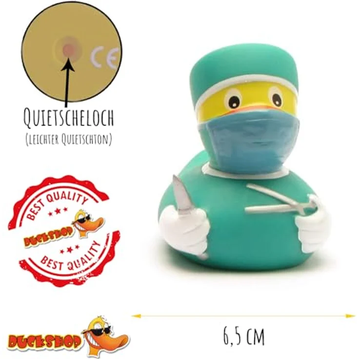 Duckshop Badeente Chirurg, 8 cm quietschende Badewannenente in Türkis, originelles Geschenk für Ärzte und medizinisches Personal – Bild 5