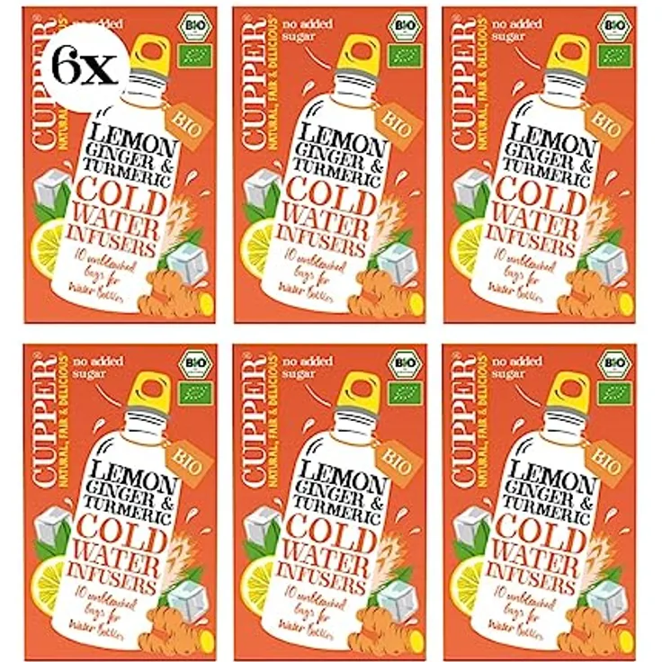 Cupper Bio Cold Water Infusers Lemon, Ginger & Turmeric, 6er Pack, 60 ungebleichte Teebeutel, umweltfreundlich, fair gehandelt (Cold Brew Tea, Kalter Tee)