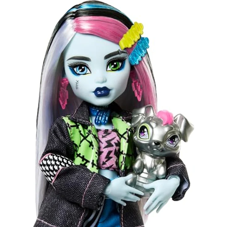 MonsterHigh™ Anziehpuppe Monster High, Frankie Stein mit Haustier Watzie, Patchwork-Jeans-Outfit – Bild 3