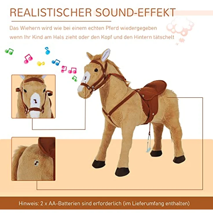 HOMCOM Plüsch Reitpferd für Kinder, Stehpferd mit Sound, Spielpferd für drinnen und draußen, 85 x 28 x 60 cm, Beige – Bild 3