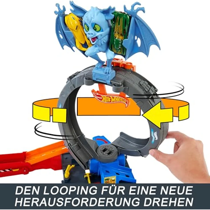 Hot Wheels City Nemesis Bat vs Tire Shop, Rennbahn-Set mit Looping und 1:64 Fahrzeug, erweiterbar – Bild 4