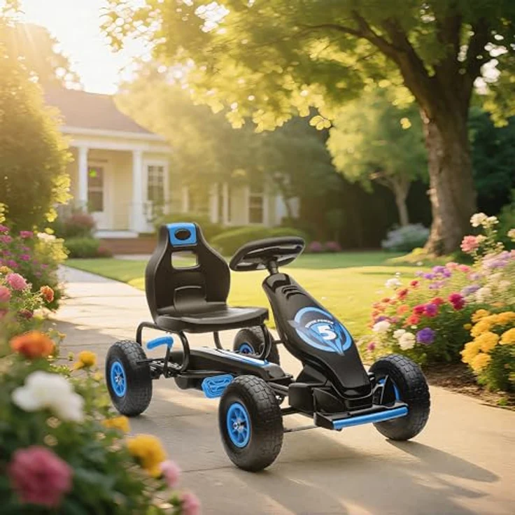 HOMCOM Gokart, Kinderfahrzeug mit verstellbarem Sitz, Tretauto mit Gummireifen, Pedal und Handbremse, Kettcar für Kinder ab 5 Jahren, Outdoor, Blau+Schwarz – Bild 10