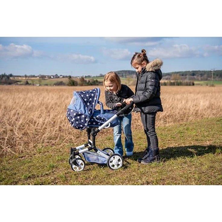 Bayer Chic 2000 - Puppenwagen Jara, 2in1 Kombipuppenwagen für Kinder von 4 bis 8 Jahren, Sternchen navy, höhenverstellbarer Schiebegriff, schwenkbarer Schieber, herausnehmbare Tragetasche – Bild 3