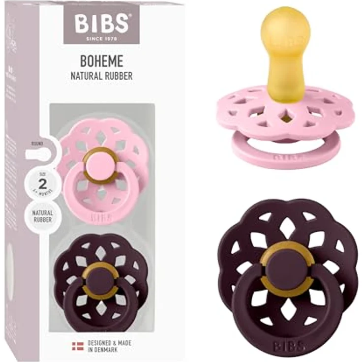 Bibs Boheme Schnuller, 6-18 Monate, 2er-Pack, Baby Pink/Plum, aus natürlichem Kautschuklatex, BPA-frei, EN1400+A2-zertifiziert – Bild 1