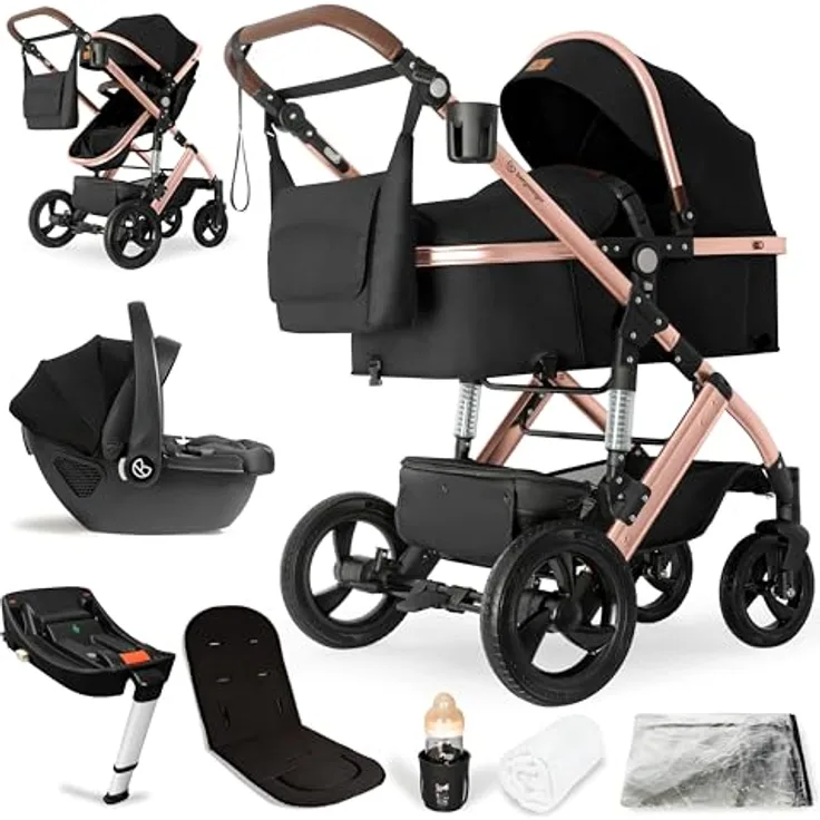 Bergsteiger Nizza 3 in 1 Kinderwagen, Kombikinderwagen Komplettset, Auto-Babyschale & Isofix Station, Babywanne & Buggy Sportsitz inklusive, grau
