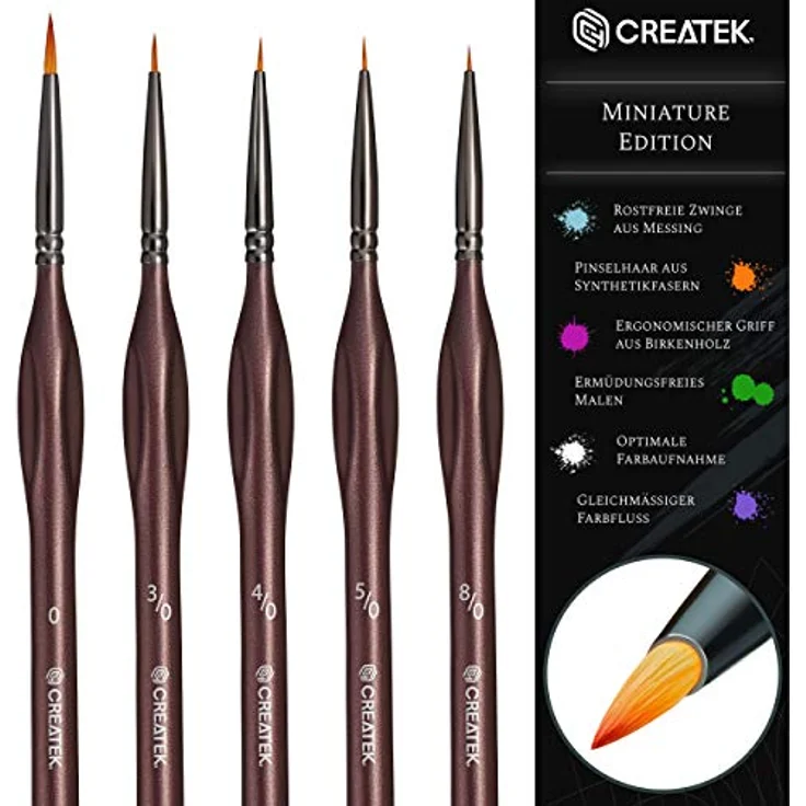 CreaTek Pinselset - 5 extra feine Detailpinsel für Acryl, Aquarell und Ölfarben | Höchste Präzision mit ergonomischem Griff und langlebigem By-Nylon Synthetikhaar – Bild 4