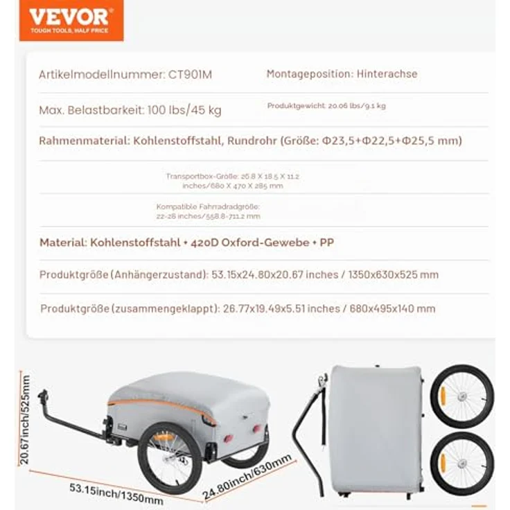 VEVOR Fahrradanhänger, faltbar mit 45kg Tragkraft, Universalkupplung, wasserdichte Abdeckung, 40cm Räder, Reflektoren für 558,8-711,2mm Fahrradräder – Bild 7