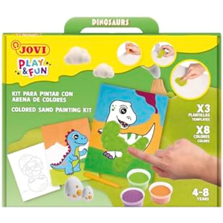 Jovi Play&Fun Set, Sandmalerei mit 8 farbigen Sanddosen und Dinosaurier-Malfolien, für Kinder ab 3 Jahren – Bild 1