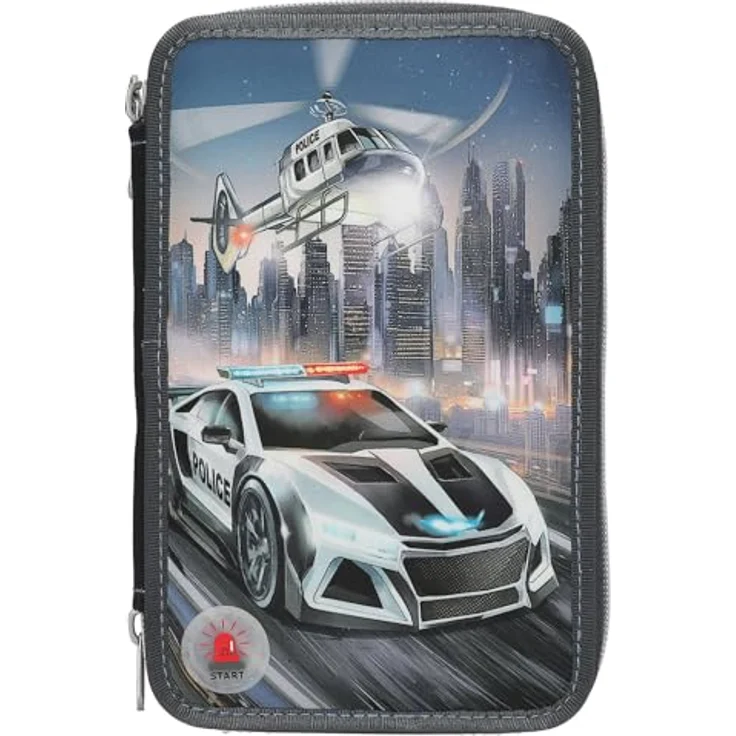 Depesche Federmäppchen Monster Cars 3-Fach Federtasche LED mit Polizei-Motiv, inkl. 54 Stifte und Zubehör, 100% Polyester, 7,5 x 13 x 20 cm – Bild 1