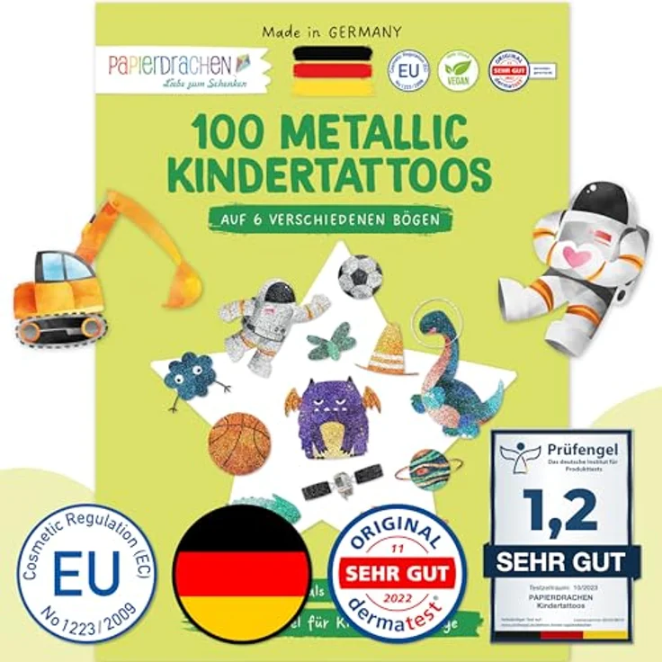 Papierdrachen 100 Metallic-Tattoos für Kinder, hautfreundliche Kindertattoos Bagger und Dino, 6 Bögen in Silber, hergestellt in Deutschland – Bild 1